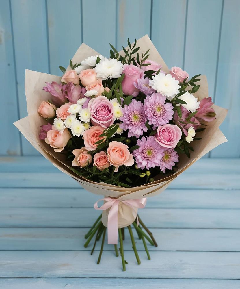 Букет цветов из: Хризантемы, Розы и Альстромерии в Копанской
