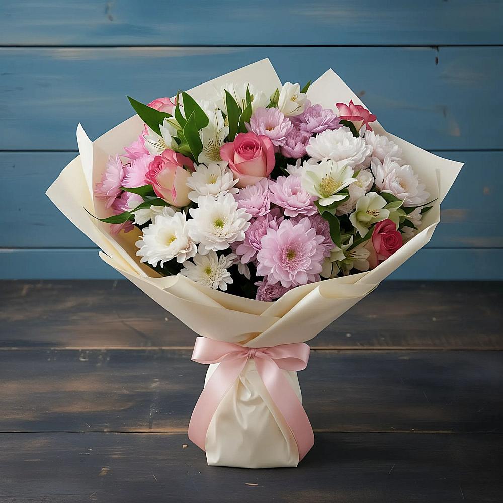 Букет цветов из: Хризантемы, Альстромерии и Розы в Копанской